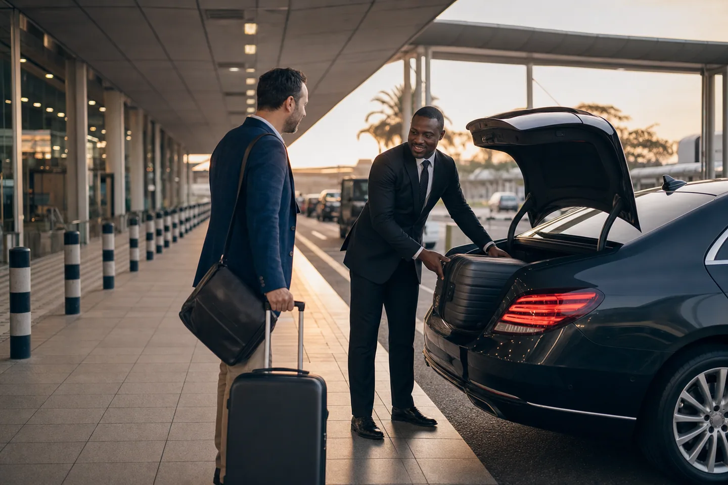 A professional driver assisting travellers beside an executive vehicle at a Kenya airport arrival.